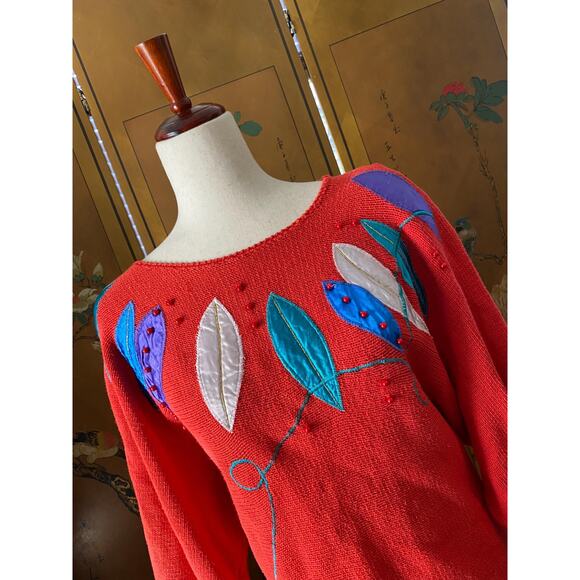 Vintage cotton blend sweater in red with embroideries, size M - Picture 5 of 7